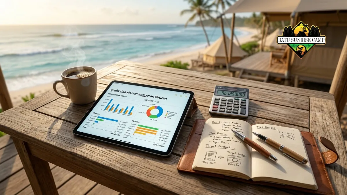 Tablet menampilkan grafik dan rincian anggaran liburan glamping di meja kayu tepi pantai dengan kalkulator dan buku catatan budget