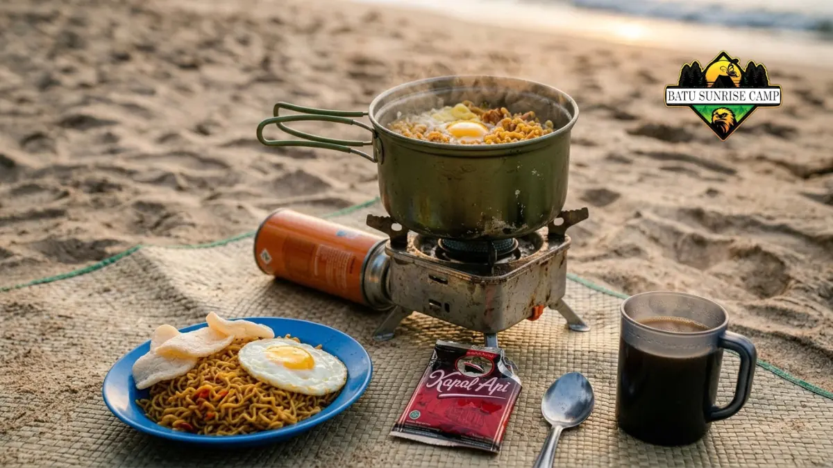 Indomie goreng dengan telur ceplok dan kerupuk disajikan di atas tikar pantai bersama kompor portable dan kopi hitam saat camping