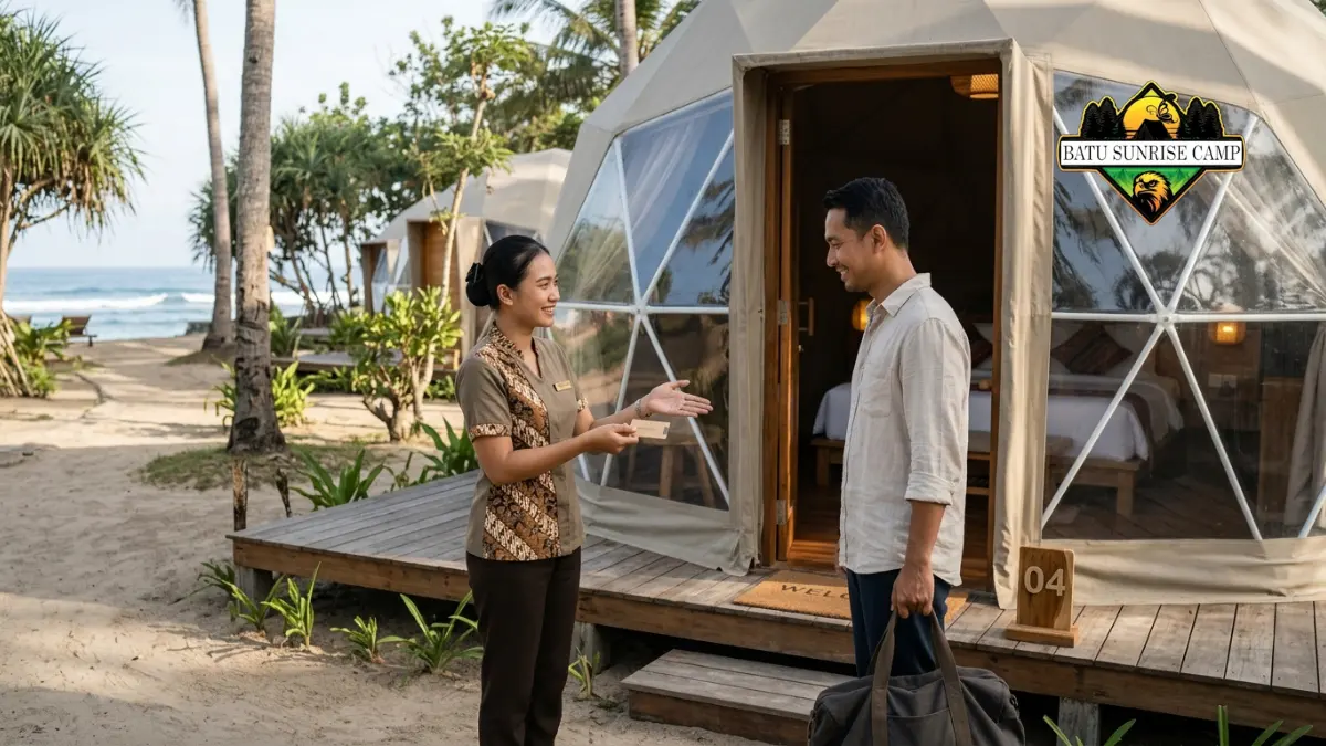 Petugas pengelola dan tamu melakukan serah terima kunci serta inspeksi kondisi tenda glamping dome pantai saat proses check-in