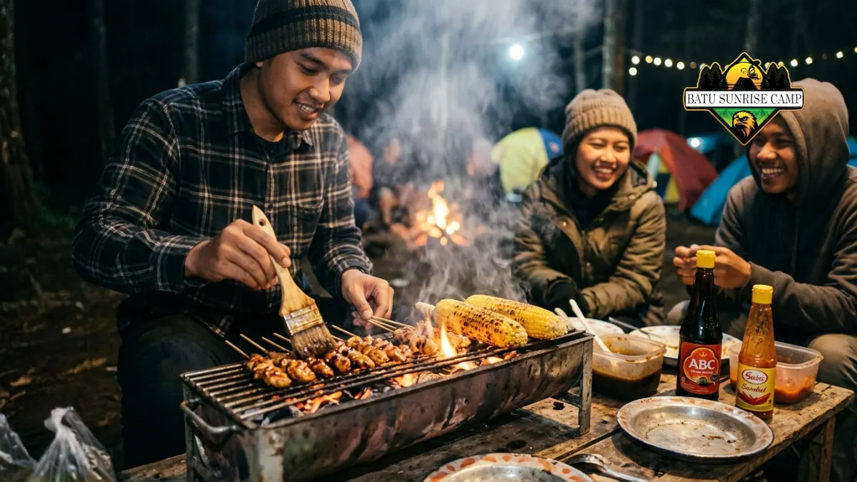 Sesi BBQ malam saat acara camping komunitas di kawasan Batu