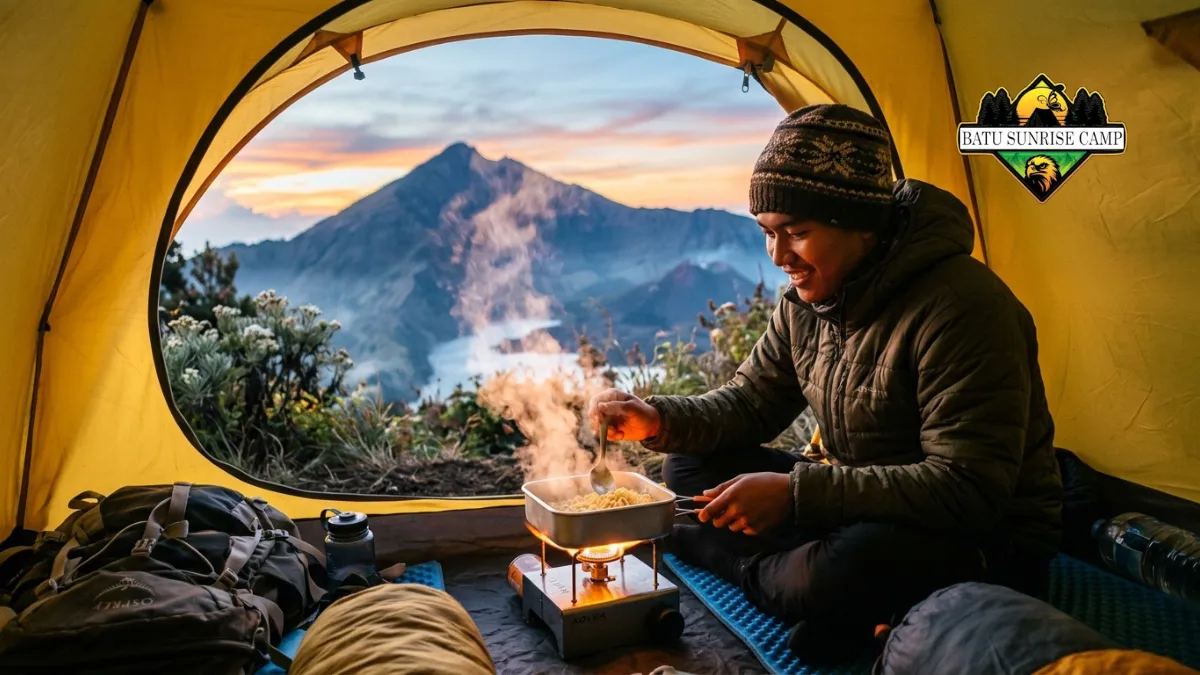 Suasana pendaki memasak menggunakan nesting di tenda saat camping gunung