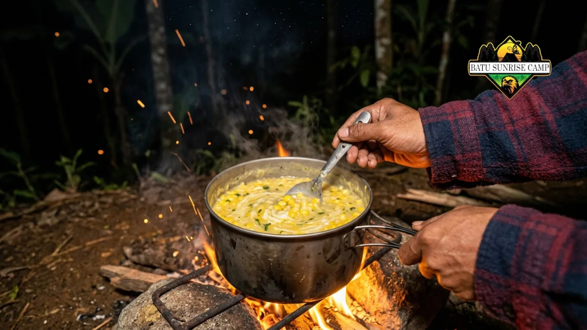Sup jagung krim hangat saat camping malam di pegunungan