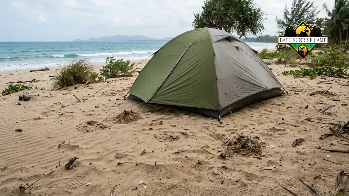 Tenda camping berbentuk kubah aerodinamis berdiri kokoh di pantai berpasir saat angin kencang bertiup dari arah laut