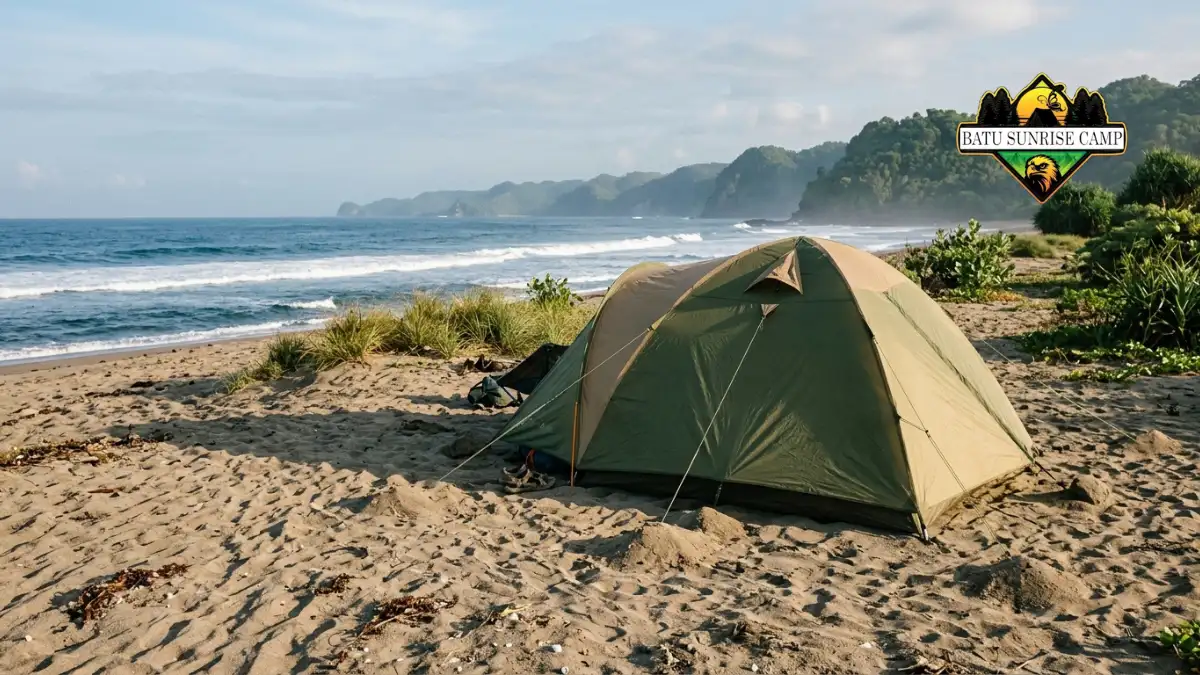 Tenda camping berdiri kokoh di area berpasir yang terlindung angin oleh vegetasi rendah dan gundukan pasir di tepi pantai