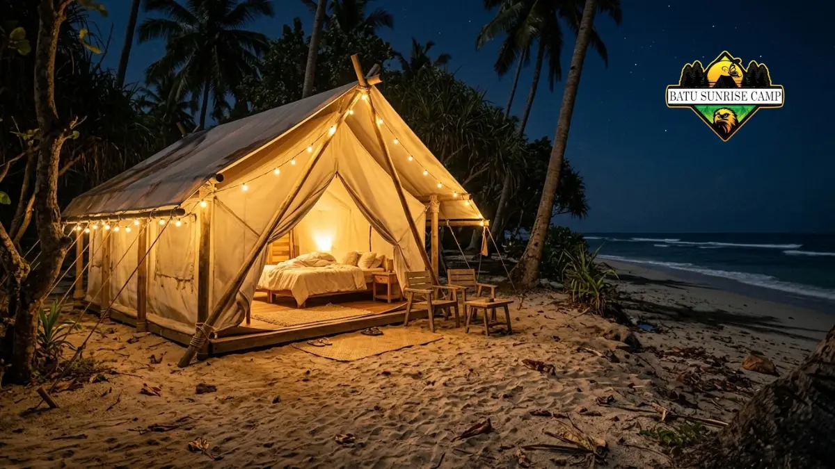 Tenda glamping pantai berlampu hias menyala di malam hari dengan kasur nyaman di dalam dan pemandangan laut serta pohon kelapa di bawah langit berbintang