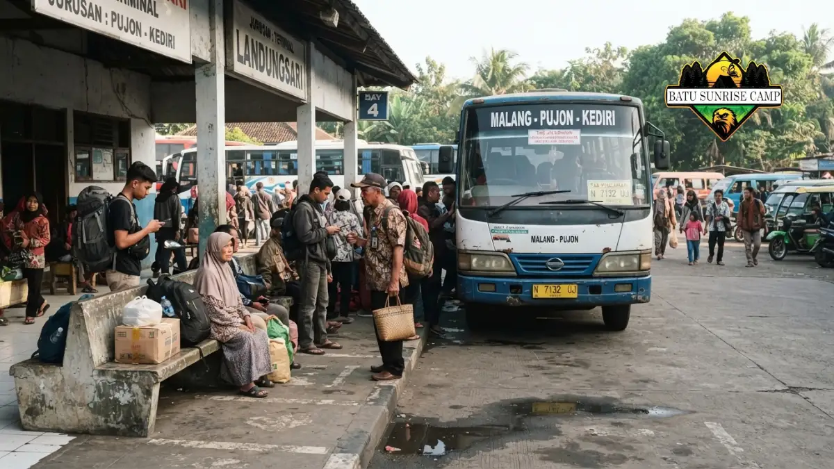 Terminal Landungsari dengan bus jurusan Pujon yang digunakan wisatawan menuju Coban Rondo