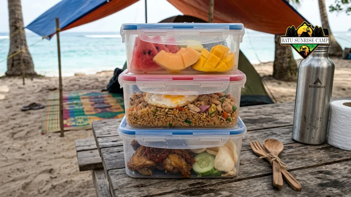 Tiga wadah kedap udara bertumpuk berisi buah potong, nasi goreng, dan lauk pauk di meja kayu area camping pantai