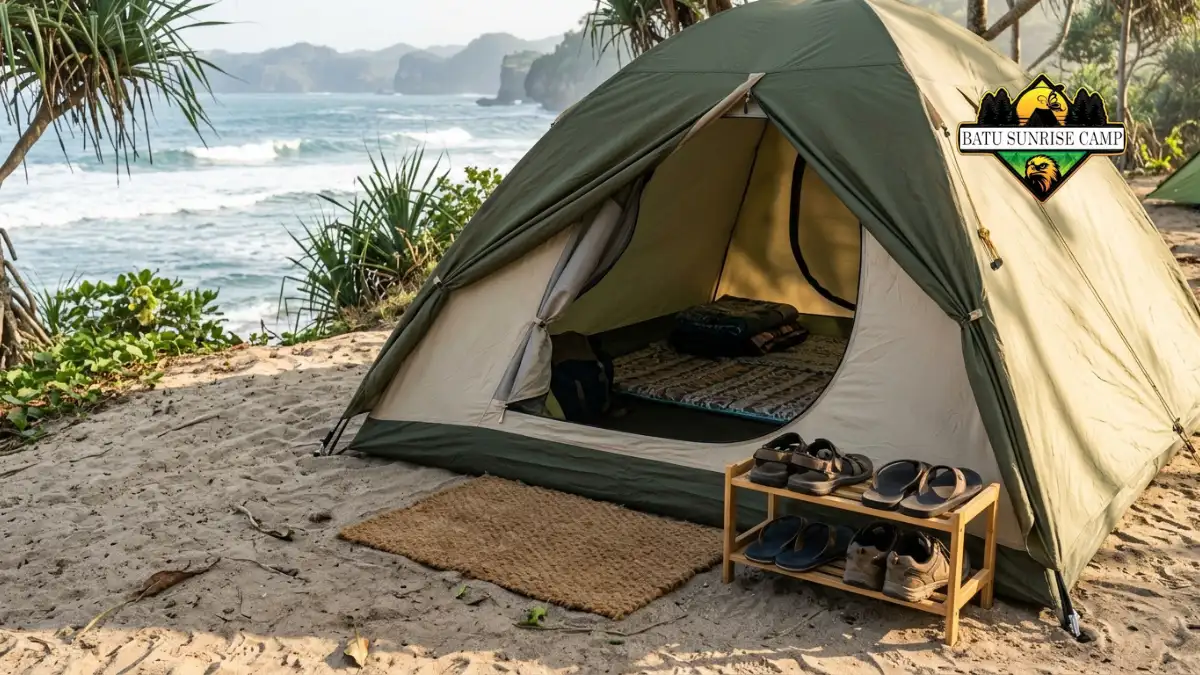 Keset kecil dan rak sepatu tertata rapi di depan pintu tenda camping sebagai zona bersih untuk mencegah pasir terbawa masuk ke dalam tenda