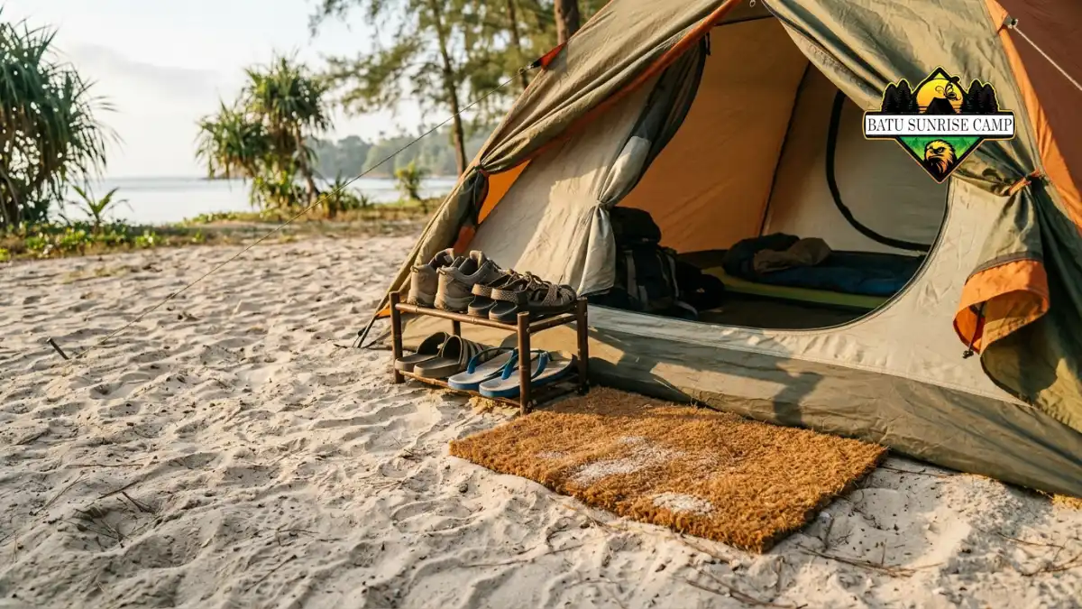 Zona sepatu yang tertata rapi di depan pintu tenda camping dengan keset dan rak sandal untuk mencegah pasir masuk ke dalam tenda